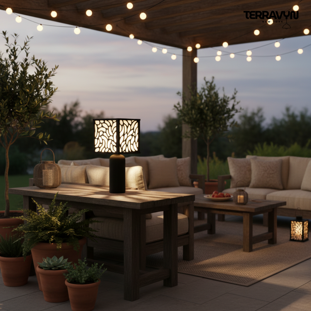 Zenaura Lamp – Modern Table Lamp, Organic Pattern Shade, Minimalist Black Desk Lamp, Ambient Lighting