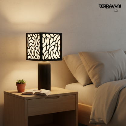 Zenaura Lamp – Modern Table Lamp, Organic Pattern Shade, Minimalist Black Desk Lamp, Ambient Lighting