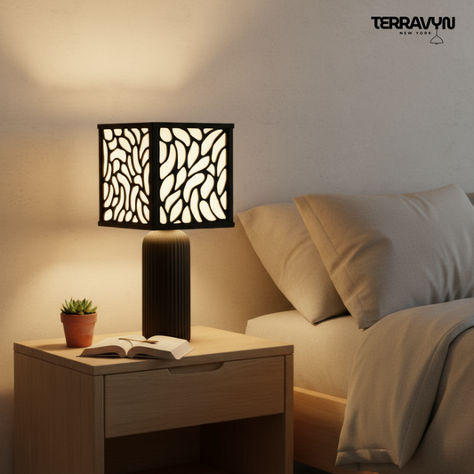Zenaura Lamp – Modern Table Lamp, Organic Pattern Shade, Minimalist Black Desk Lamp, Ambient Lighting