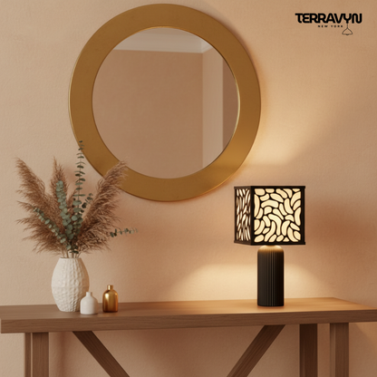 Zenaura Lamp – Modern Table Lamp, Organic Pattern Shade, Minimalist Black Desk Lamp, Ambient Lighting