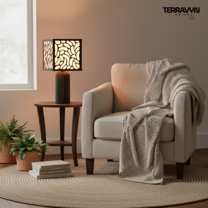 Zenaura Lamp – Modern Table Lamp, Organic Pattern Shade, Minimalist Black Desk Lamp, Ambient Lighting