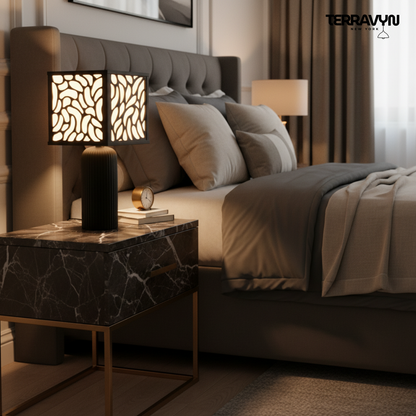 Zenaura Lamp – Modern Table Lamp, Organic Pattern Shade, Minimalist Black Desk Lamp, Ambient Lighting