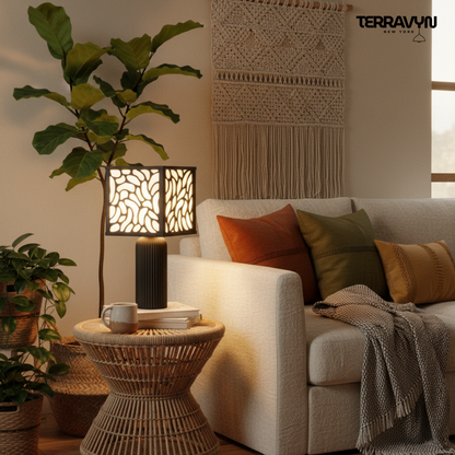 Zenaura Lamp – Modern Table Lamp, Organic Pattern Shade, Minimalist Black Desk Lamp, Ambient Lighting