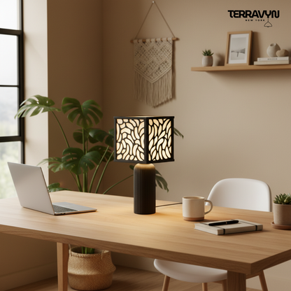 Zenaura Lamp – Modern Table Lamp, Organic Pattern Shade, Minimalist Black Desk Lamp, Ambient Lighting